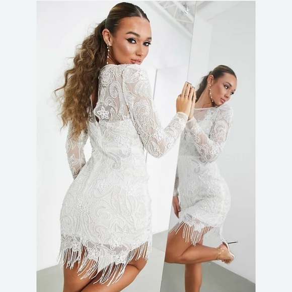 NWT ASOS EDITION placement beaded mesh mini dress with fringe hem in white - Picture 2 of 3